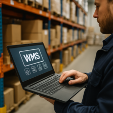 Pracownik magazynu korzysta z laptopa z uruchomionym systemem WMS, stojąc wśród regałów z kartonami w nowoczesnym magazynie.
