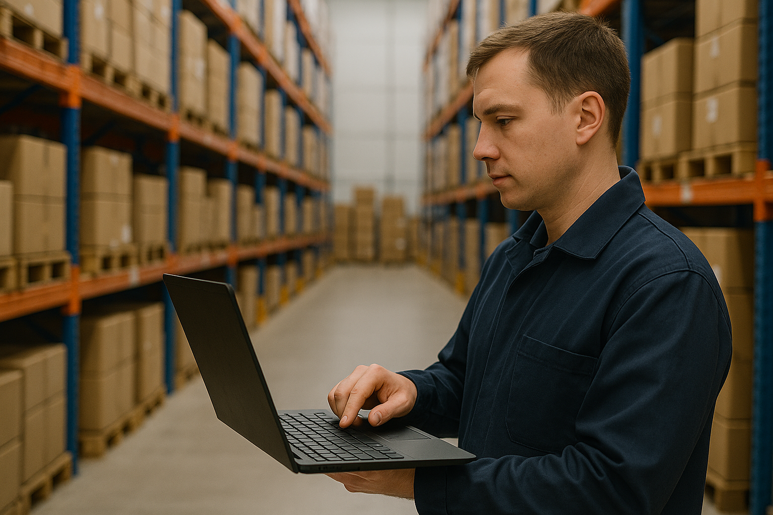 Mężczyzna w granatowym uniformie obsługuje laptopa, stojąc w przestronnym magazynie z równymi rzędami regałów i kartonów.