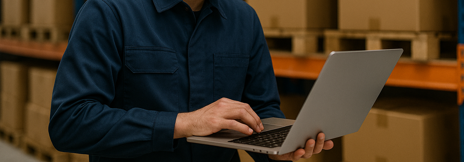 MMężczyzna w granatowej czapce i uniformie pracuje na laptopie w magazynie z kartonami na regałach.