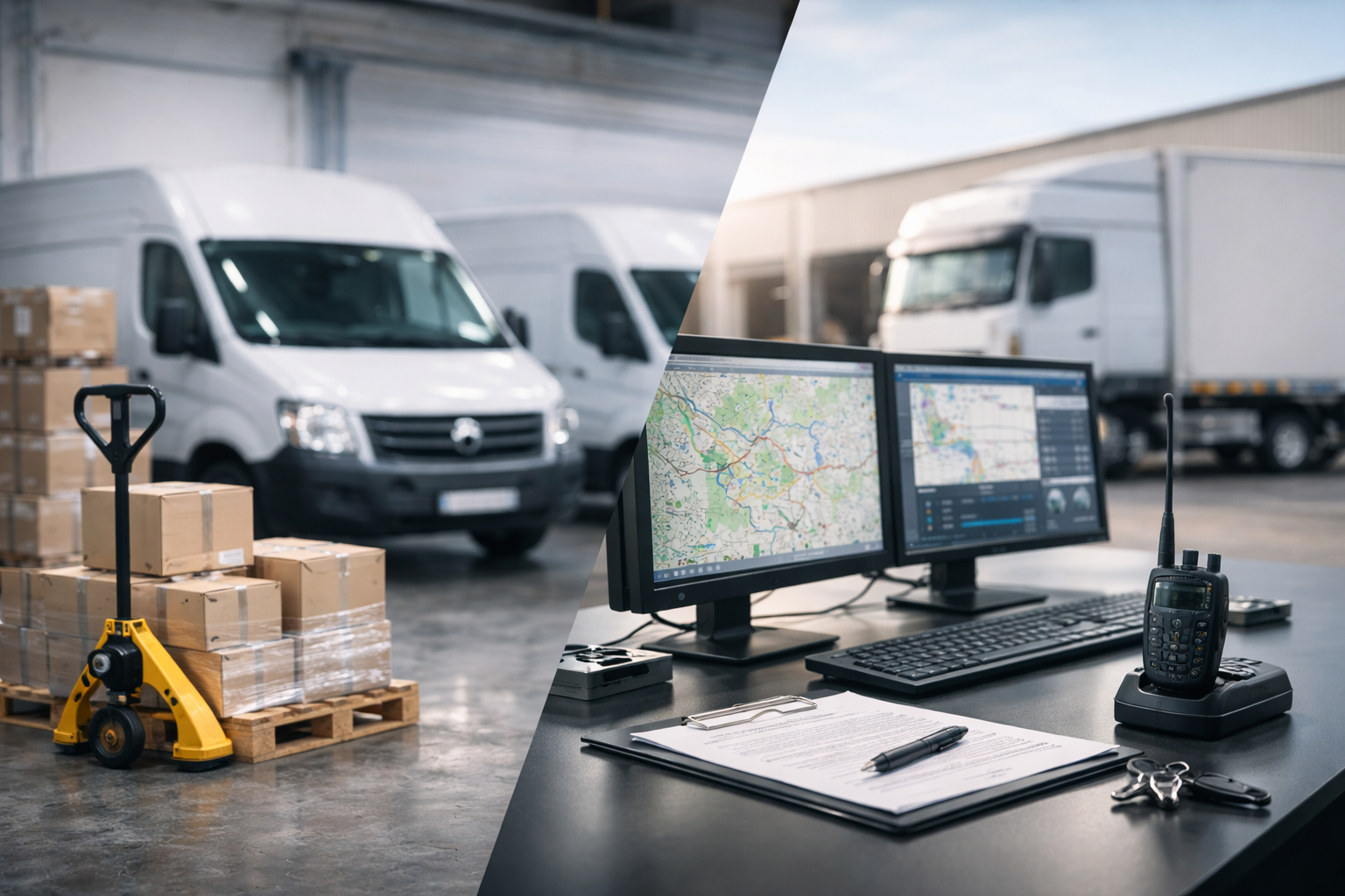 Samochody dostawcze i paczki w magazynie oraz stanowisko do zarządzania logistyką transportu z monitorami i mapą tras dostaw