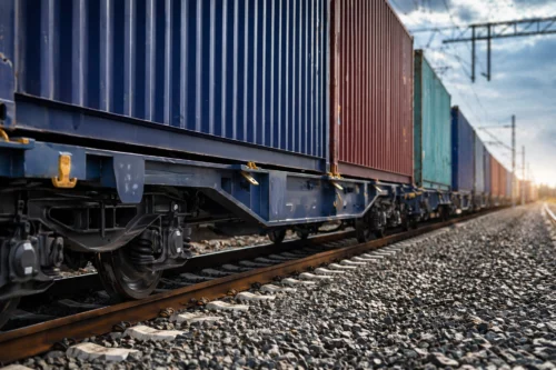 Pociąg towarowy z kontenerami na torach – transport i logistyka.