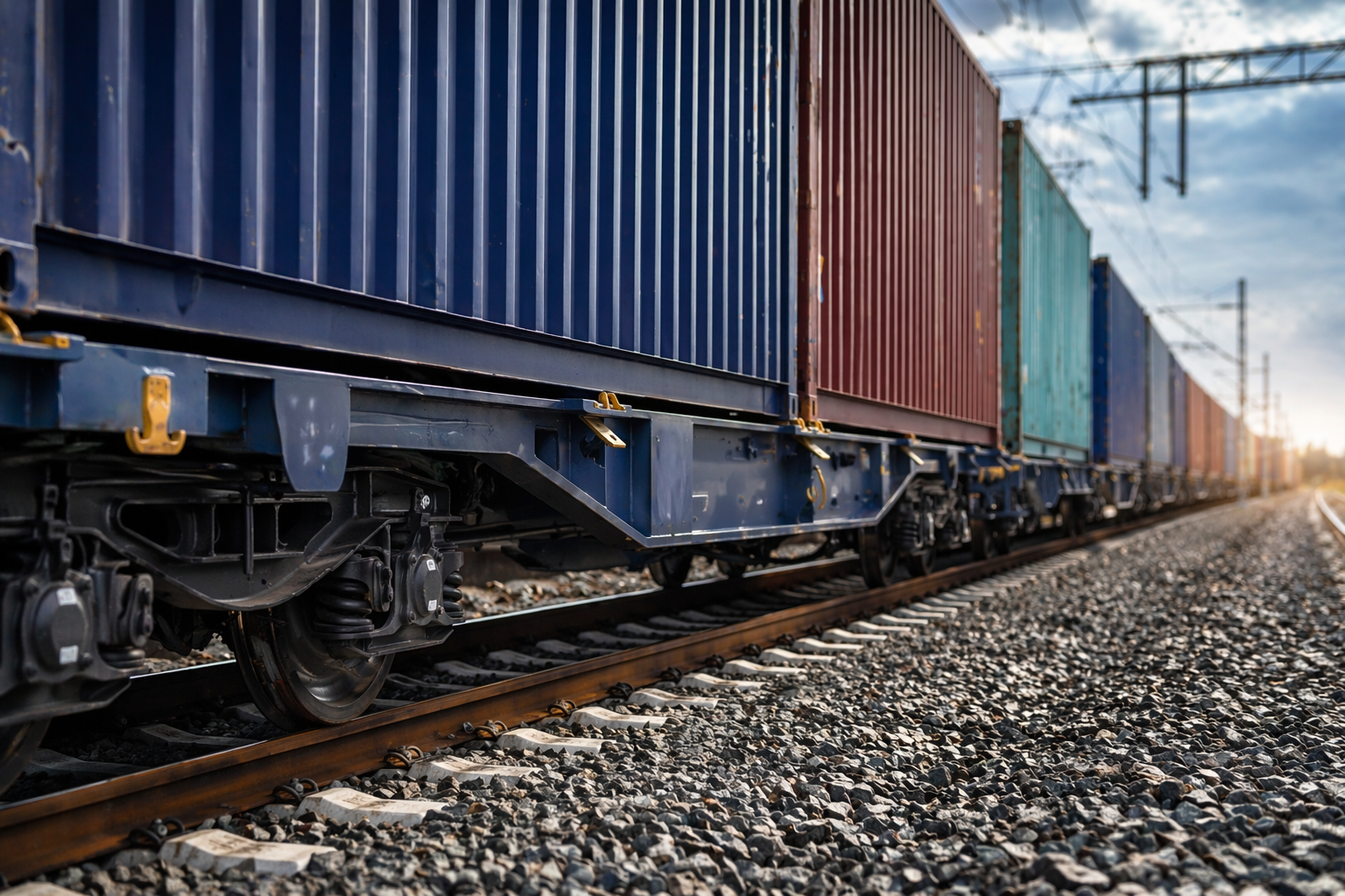 Pociąg towarowy z kontenerami na torach – transport i logistyka.